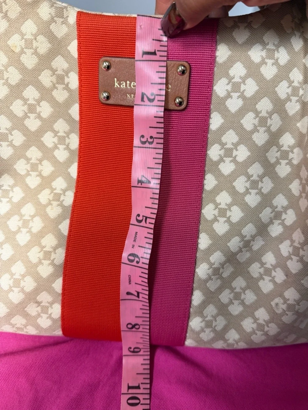 kate spade Beige Canvas Shoulder Bag with Red and Pink Stripe